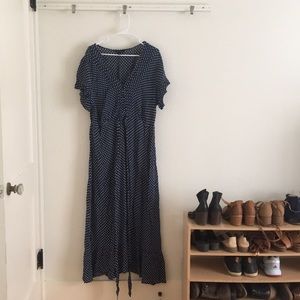 floor length navy blue polka dot dress
